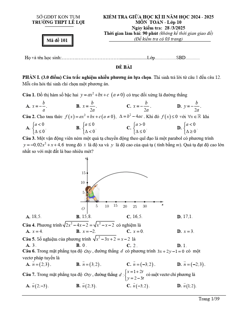 Đề thi Giữa kì 2 Toán 10 trường THPT Lê Lợi (Kon Tum) năm 2024-2025