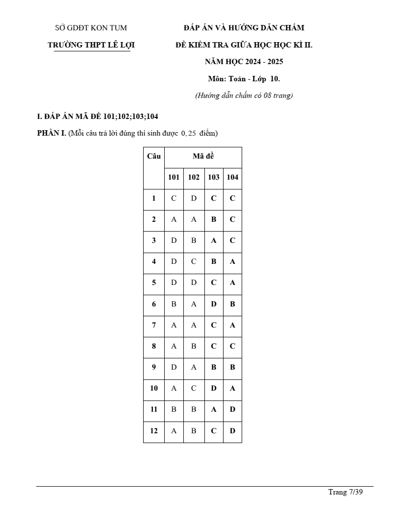 Đề thi Giữa kì 2 Toán 10 trường THPT Lê Lợi (Kon Tum) năm 2024-2025