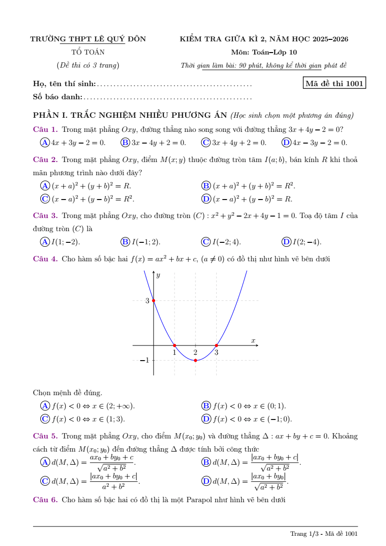 Đề thi Giữa kì 2 Toán 10 trường THPT Lê Quý Đôn (Quảng Ngãi) năm 2025-2026