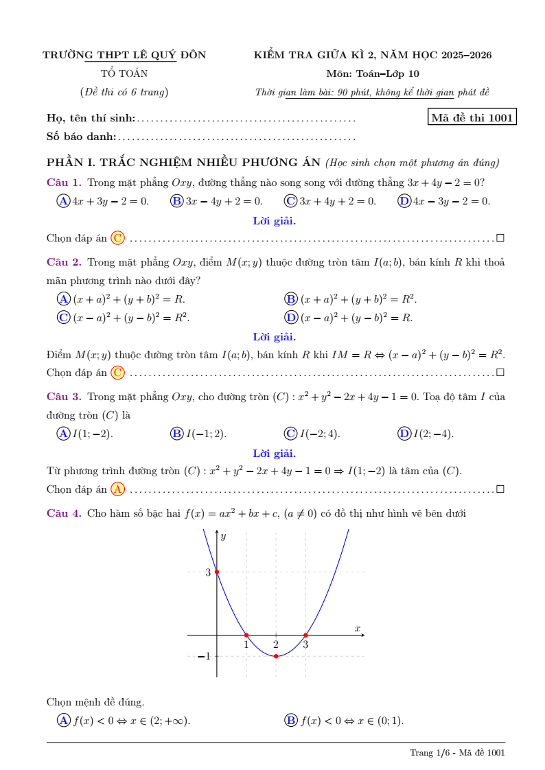 Đề thi Giữa kì 2 Toán 10 trường THPT Lê Quý Đôn (Quảng Ngãi) năm 2025-2026