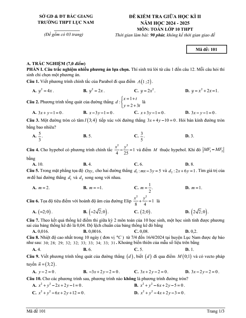 Đề thi Giữa kì 2 Toán 10 trường THPT Lục Nam (Bắc Giang) năm 2024-2025