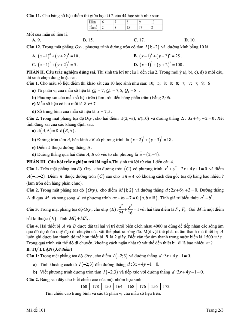 Đề thi Giữa kì 2 Toán 10 trường THPT Lục Nam (Bắc Giang) năm 2024-2025