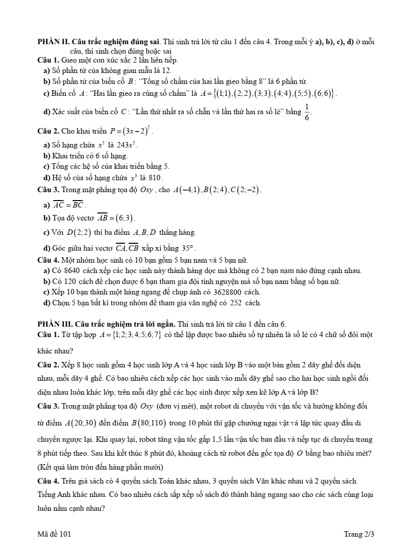 Đề thi Giữa kì 2 Toán 10 trường THPT Mạc Đĩnh Chi (Hải Phòng) năm 2025-2026