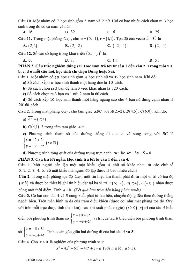 Đề thi Giữa kì 2 Toán 10 trường THPT Minh Hà (Hà Nội) năm 2024-2025