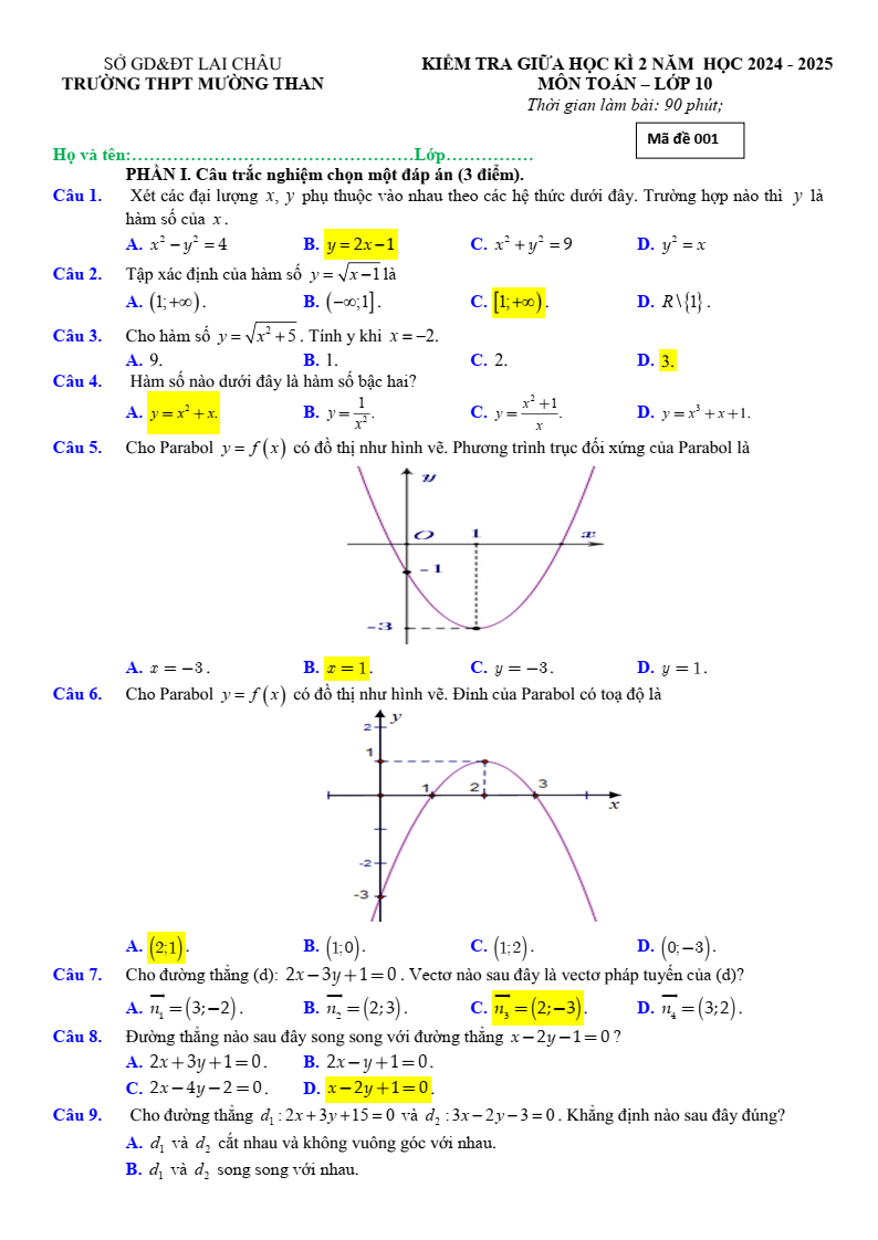 Đề thi Giữa kì 2 Toán 10 trường THPT Mường Than (Lai Châu) năm 2024-2025