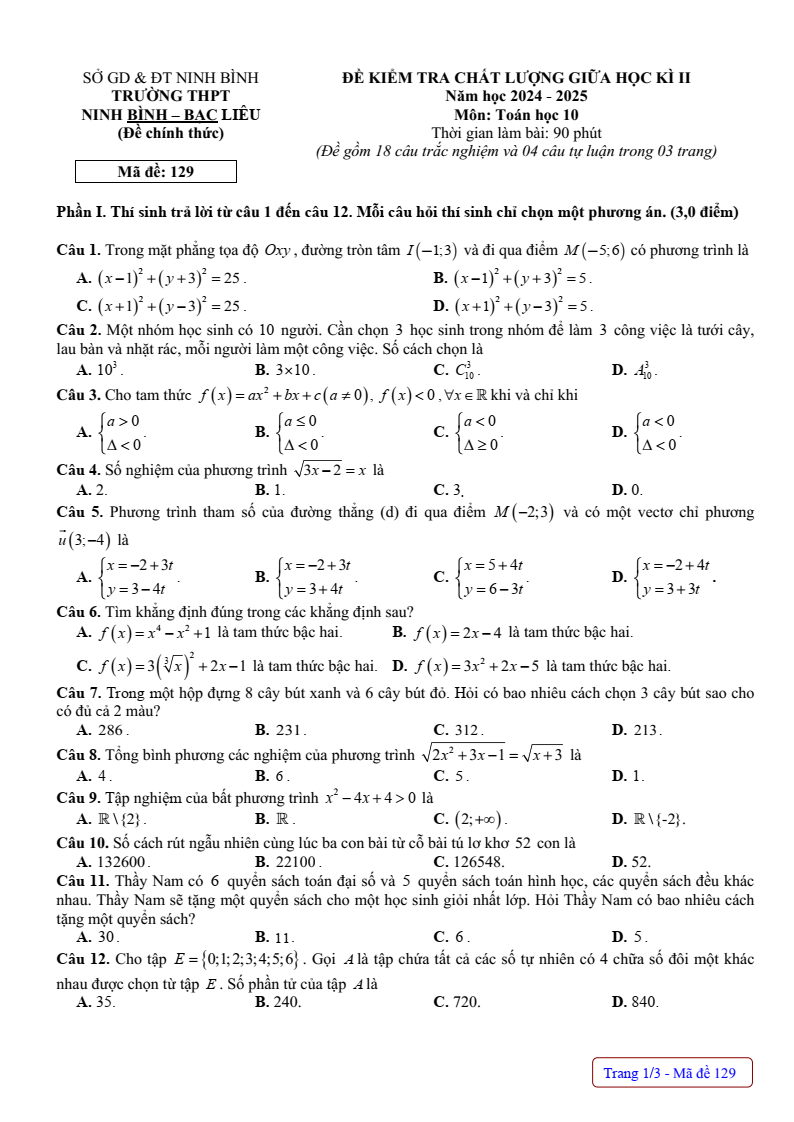 Đề thi Giữa kì 2 Toán 10 trường THPT Ninh Bình - Bạc Liêu (Ninh Bình) năm 2024-2025