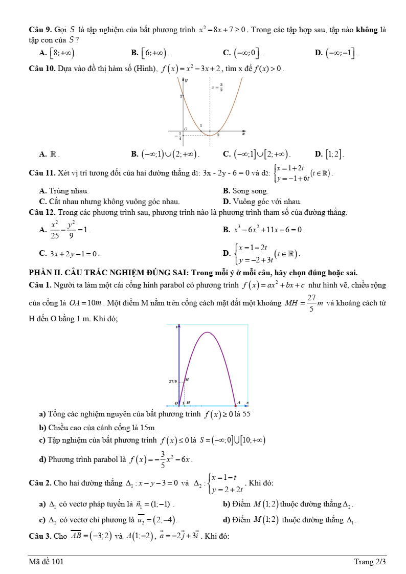 Đề thi Giữa kì 2 Toán 10 trường THPT Nguyễn Chí Thanh (Tây Ninh) năm 2024-2025