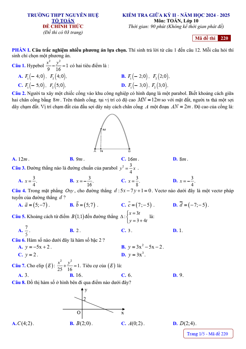 Đề thi Giữa kì 2 Toán 10 trường THPT Nguyễn Huệ (Huế) năm 2024-2025