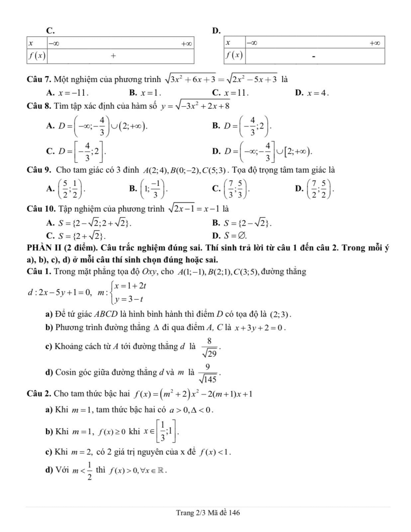 Đề thi Giữa kì 2 Toán 10 trường THPT Nguyễn Tất Thành (Tp.HCM) năm 2024-2025