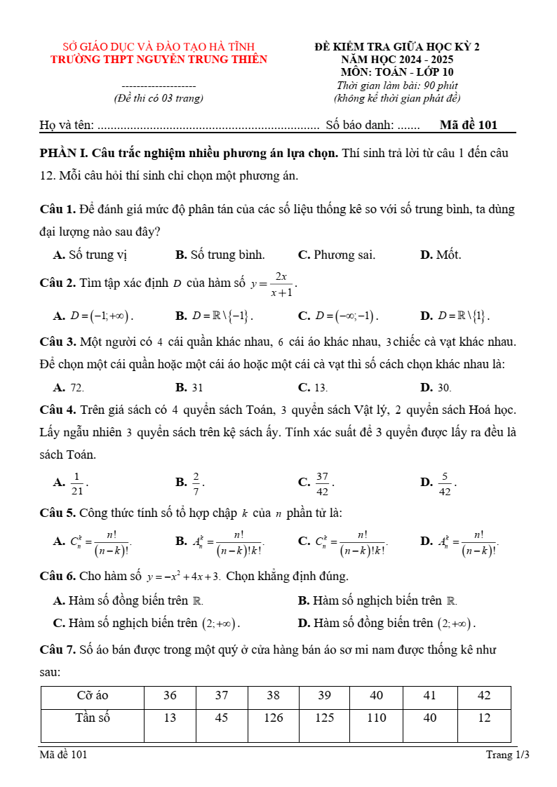 Đề thi Giữa kì 2 Toán 10 trường THPT Nguyễn Trung Thiên (Hà Tĩnh) năm 2024-2025