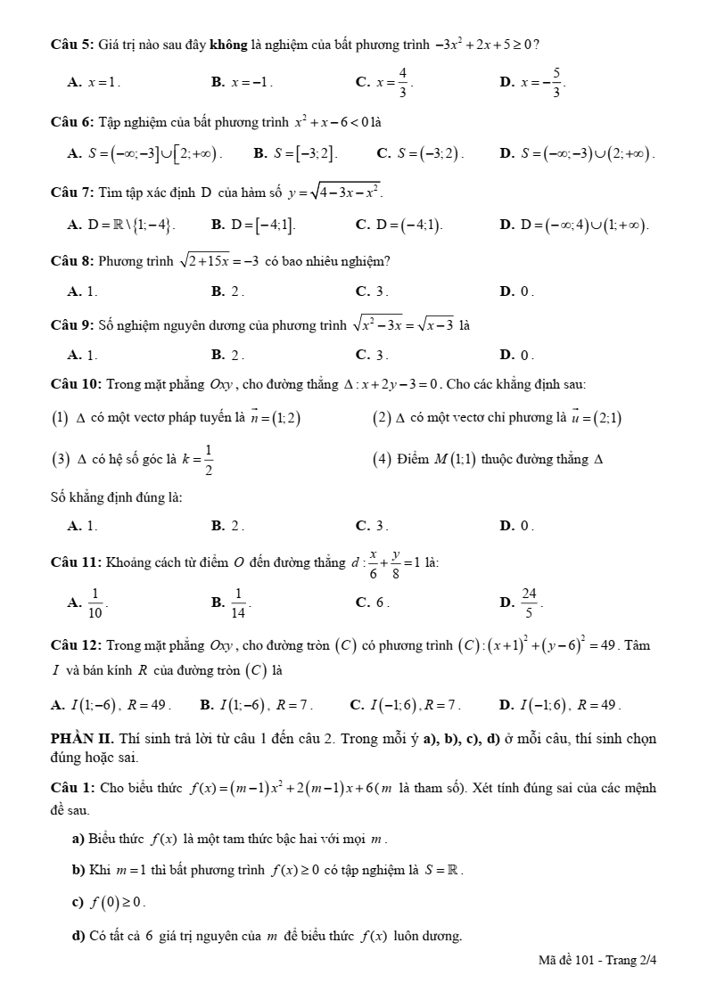 Đề thi Giữa kì 2 Toán 10 trường THPT Nguyễn Văn Trỗi (Khánh Hòa) năm 2024-2025