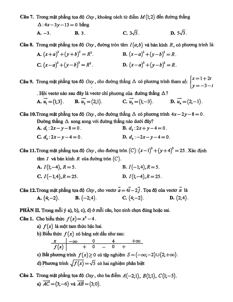 Đề thi Giữa kì 2 Toán 10 trường THPT Phan Bội Châu (Khánh Hòa) năm 2025-2026
