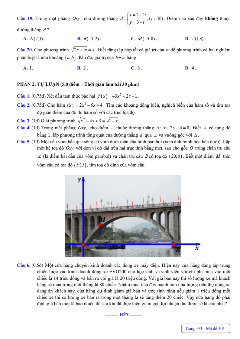Đề thi Giữa kì 2 Toán 10 trường THPT Phan Đình Phùng (Hà Nội) năm 2024-2025