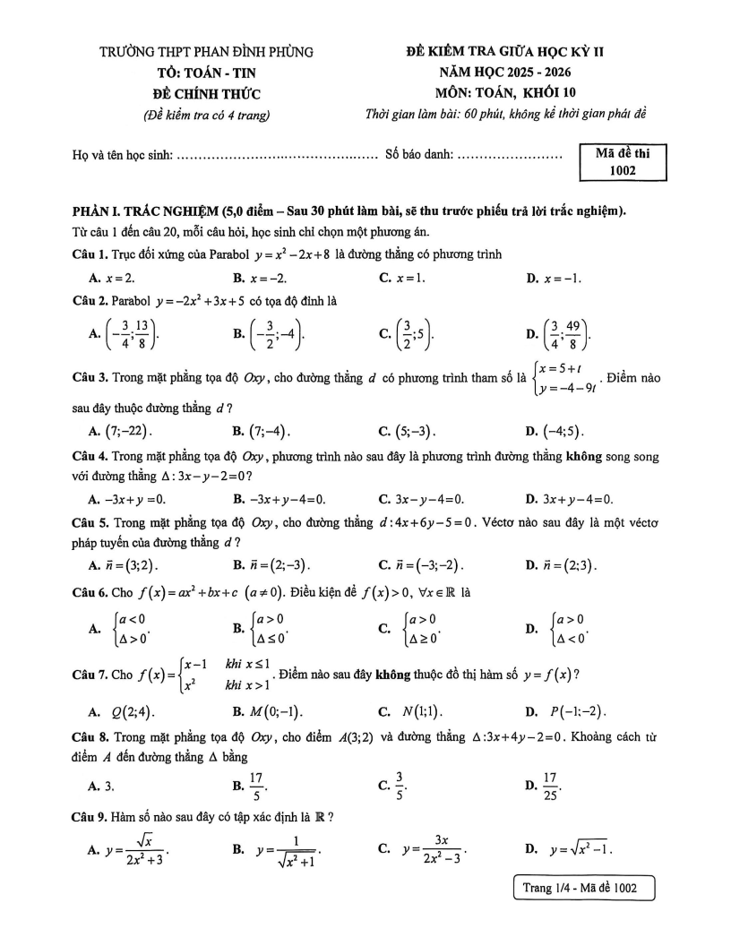 Đề thi Giữa kì 2 Toán 10 trường THPT Phan Đình Phùng (Hà Nội) năm 2025-2026