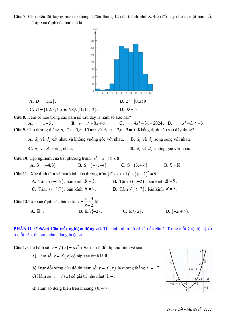 Đề thi Giữa kì 2 Toán 10 trường THPT Quảng Trị (Quảng Trị) năm 2025-2026