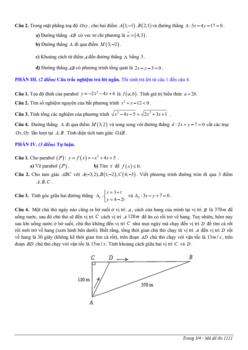 Đề thi Giữa kì 2 Toán 10 trường THPT Quảng Trị (Quảng Trị) năm 2025-2026