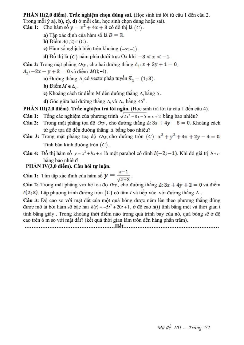 Đề thi Giữa kì 2 Toán 10 trường THPT Quế Sơn (Đà Nẵng) năm 2025-2026