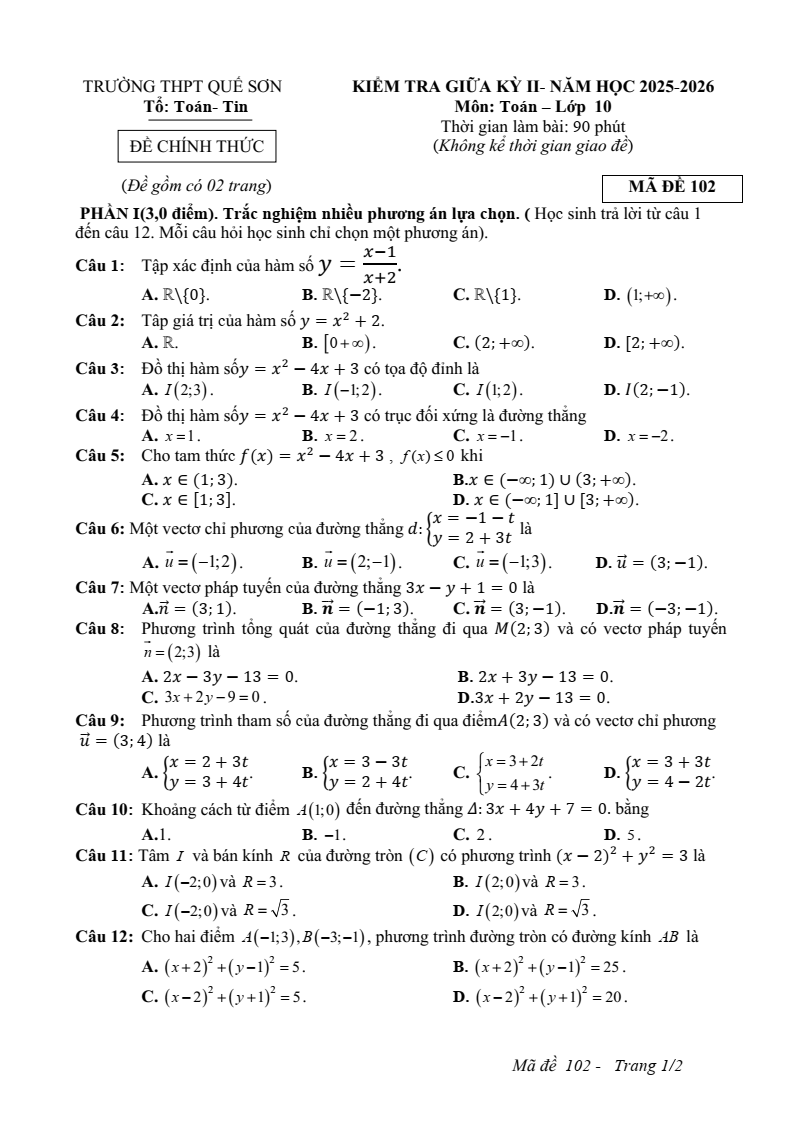 Đề thi Giữa kì 2 Toán 10 trường THPT Quế Sơn (Đà Nẵng) năm 2025-2026