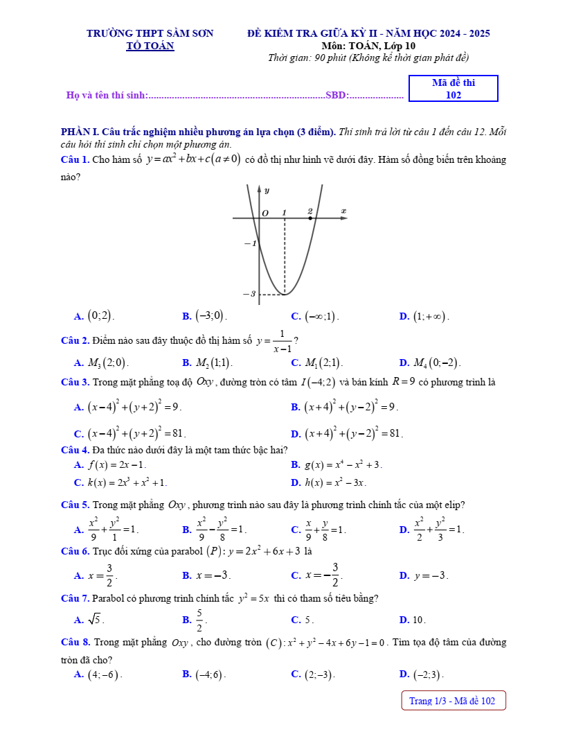 Đề thi Giữa kì 2 Toán 10 trường THPT Sầm Sơn (Thanh Hóa) năm 2024-2025