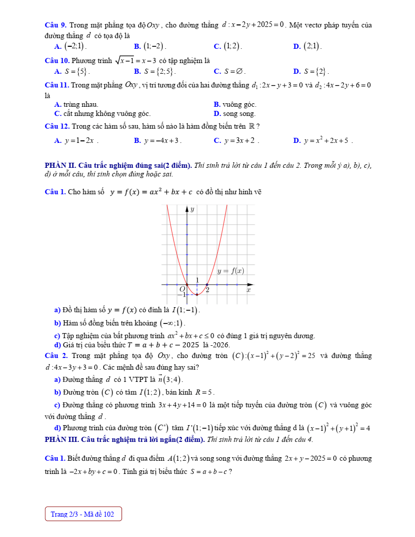 Đề thi Giữa kì 2 Toán 10 trường THPT Sầm Sơn (Thanh Hóa) năm 2024-2025