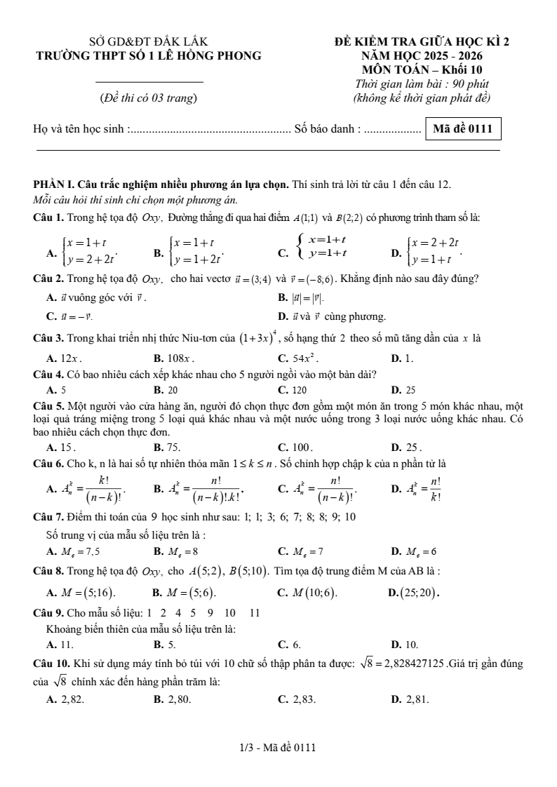 Đề thi Giữa kì 2 Toán 10 trường THPT Số 1 Lê Hồng Phong (Đắk Lắk) năm 2025-2026