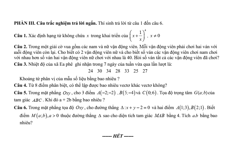 Đề thi Giữa kì 2 Toán 10 trường THPT Số 1 Lê Hồng Phong (Đắk Lắk) năm 2025-2026