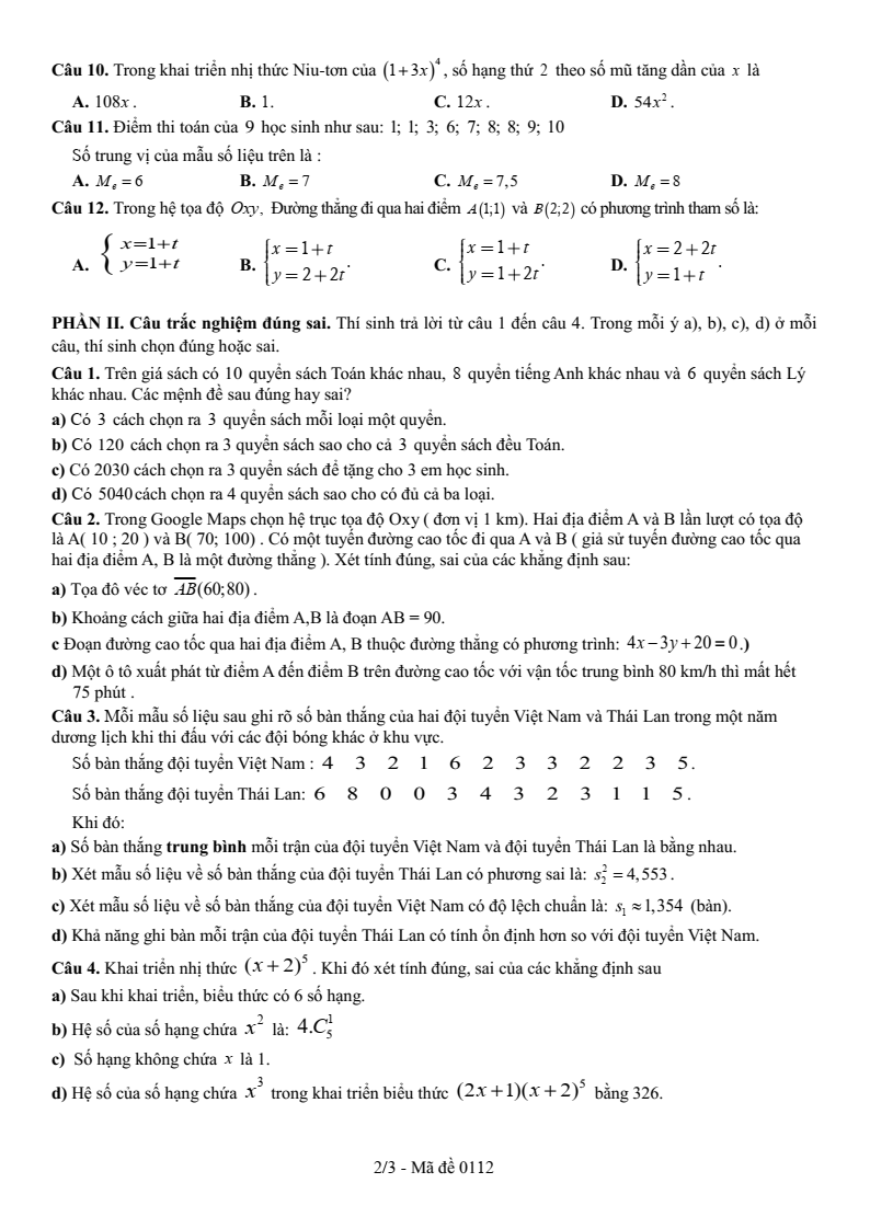 Đề thi Giữa kì 2 Toán 10 trường THPT Số 1 Lê Hồng Phong (Đắk Lắk) năm 2025-2026