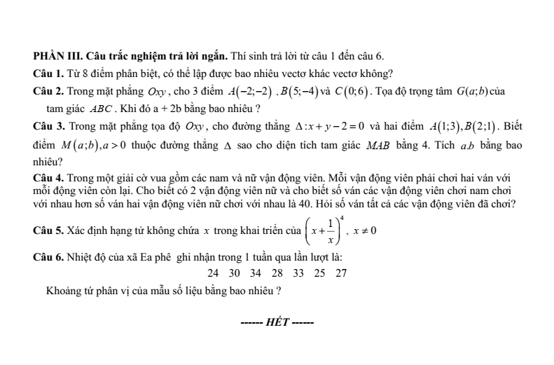 Đề thi Giữa kì 2 Toán 10 trường THPT Số 1 Lê Hồng Phong (Đắk Lắk) năm 2025-2026
