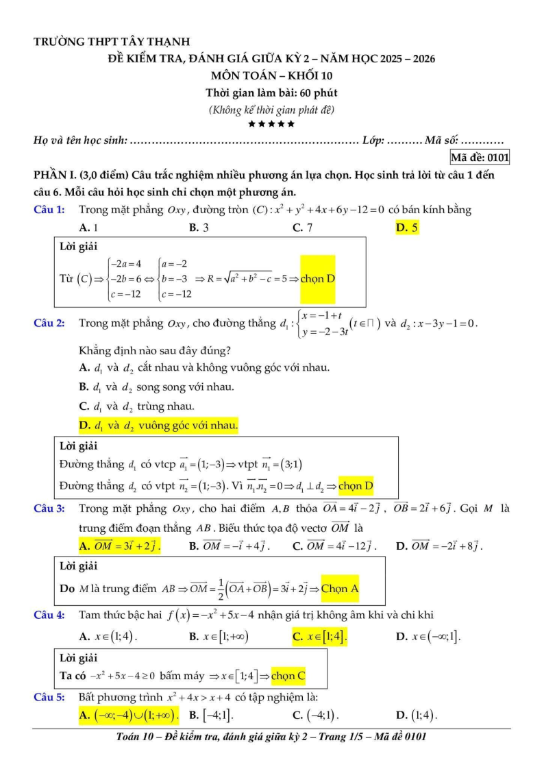 Đề thi Giữa kì 2 Toán 10 trường THPT Tây Thạnh (TP HCM) năm 2025-2026