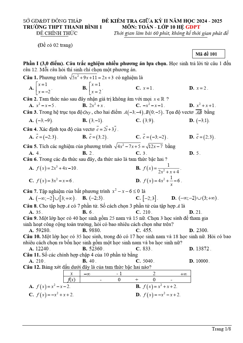 Đề thi Giữa kì 2 Toán 10 trường THPT Thanh Bình 1 (Đồng Tháp) năm 2024-2025