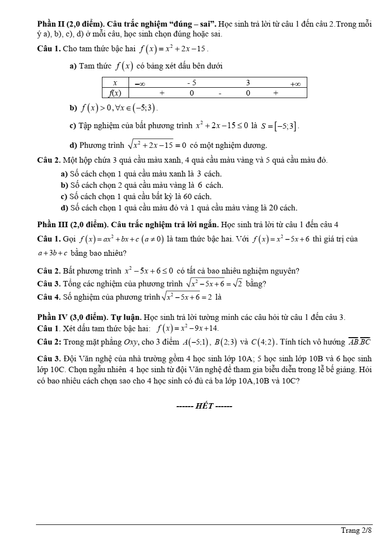 Đề thi Giữa kì 2 Toán 10 trường THPT Thanh Bình 1 (Đồng Tháp) năm 2024-2025