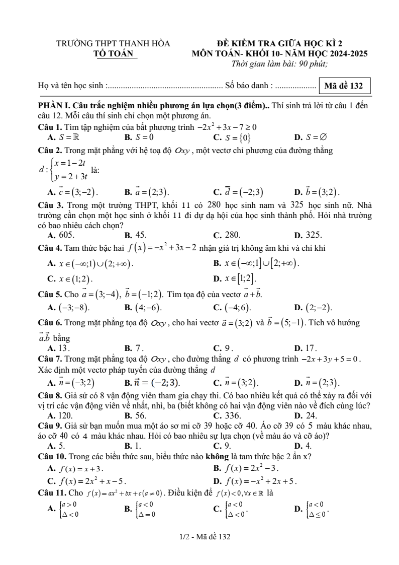 Đề thi Giữa kì 2 Toán 10 trường THPT Thanh Hòa (Bình Phước) năm 2024-2025