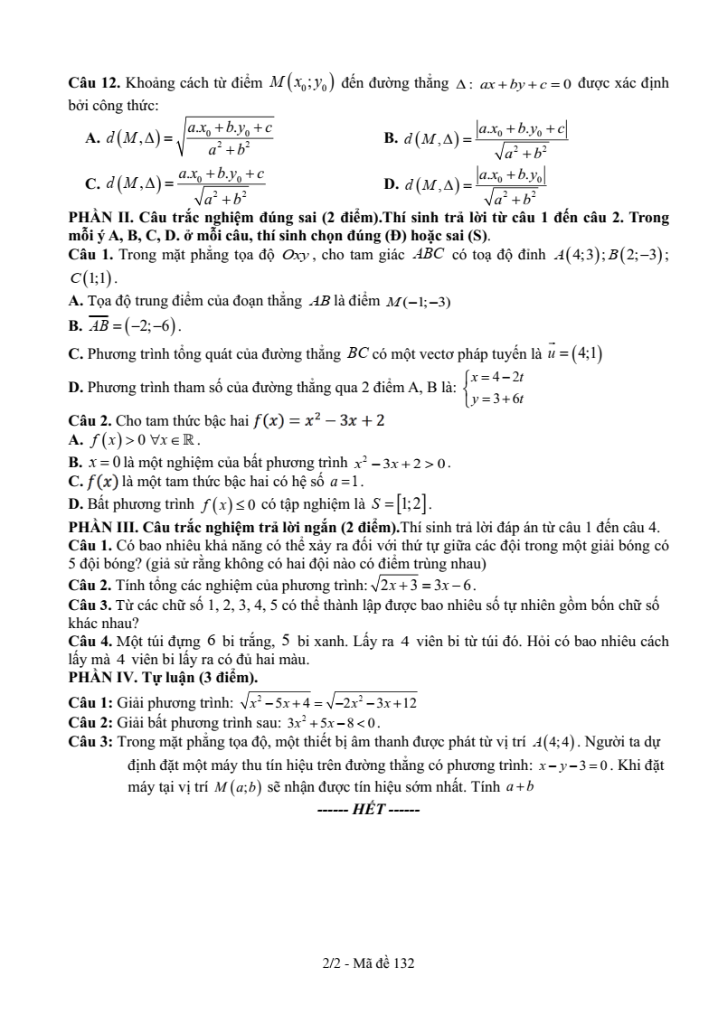 Đề thi Giữa kì 2 Toán 10 trường THPT Thanh Hòa (Bình Phước) năm 2024-2025