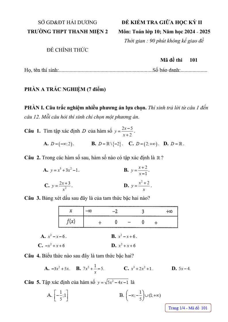Đề thi Giữa kì 2 Toán 10 trường THPT Thanh Miện 2 (Hải Dương) năm 2024-2025
