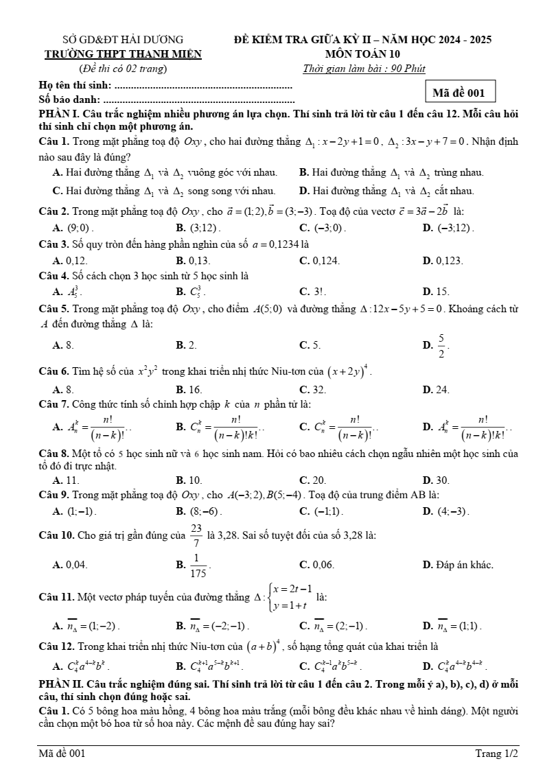 Đề thi Giữa kì 2 Toán 10 trường THPT Thanh Miện (Hải Dương) năm 2024-2025