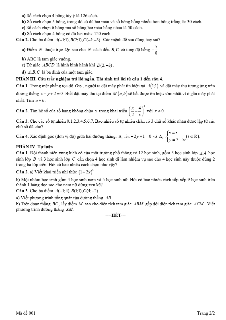 Đề thi Giữa kì 2 Toán 10 trường THPT Thanh Miện (Hải Dương) năm 2024-2025