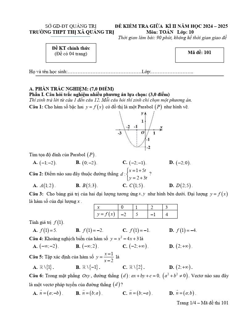 Đề thi Giữa kì 2 Toán 10 trường THPT Thị xã Quảng Trị năm 2024-2025