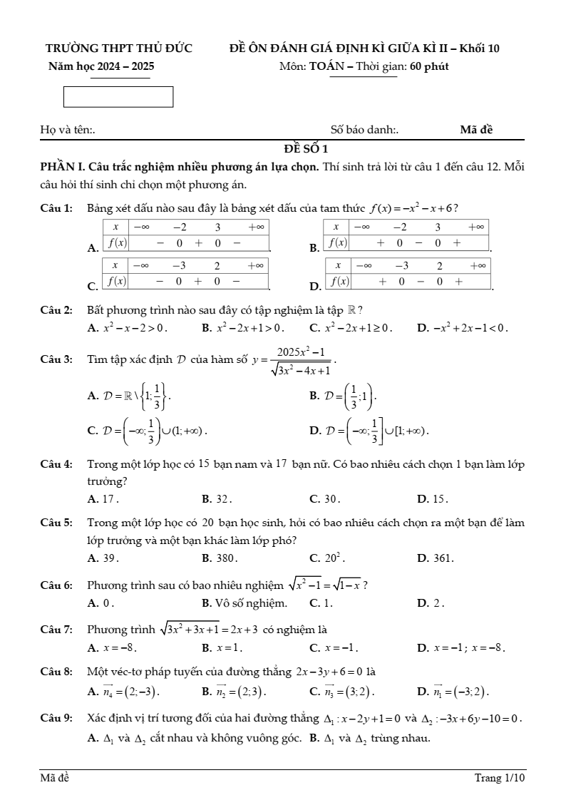 Đề thi Giữa kì 2 Toán 10 trường THPT Thủ Đức (Tp.HCM) năm 2024-2025