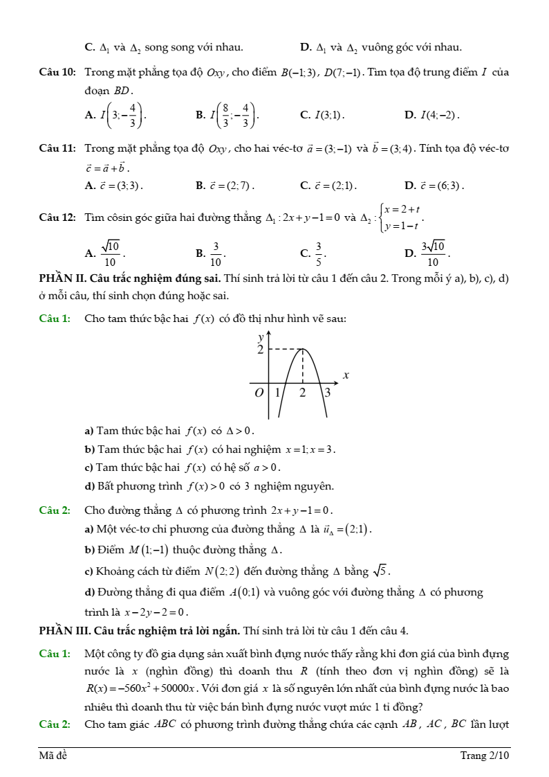 Đề thi Giữa kì 2 Toán 10 trường THPT Thủ Đức (Tp.HCM) năm 2024-2025