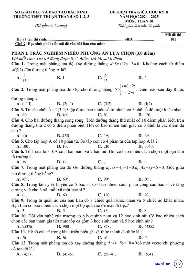 Đề thi Giữa kì 2 Toán 10 trường THPT Thuận Thành 1-2-3 (Bắc Ninh) năm 2024-2025