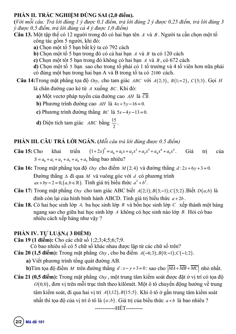 Đề thi Giữa kì 2 Toán 10 trường THPT Thuận Thành 1-2-3 (Bắc Ninh) năm 2024-2025