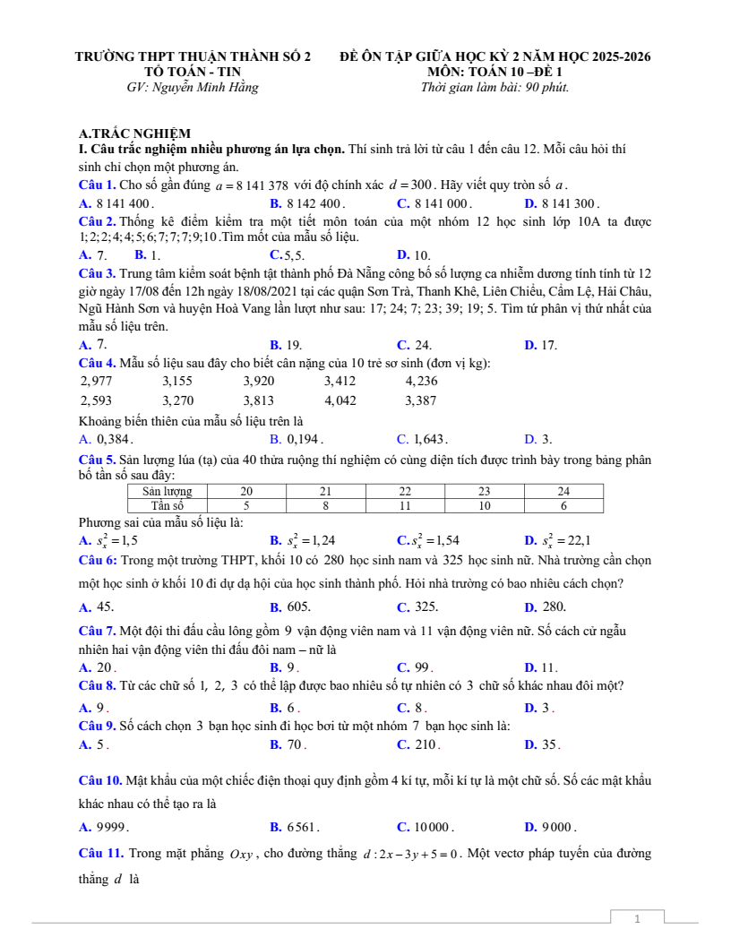 Đề thi Giữa kì 2 Toán 10 trường THPT Thuận Thành Số 2 (Bắc Ninh) năm 2025-2026