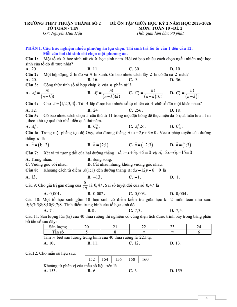 Đề thi Giữa kì 2 Toán 10 trường THPT Thuận Thành Số 2 (Bắc Ninh) năm 2025-2026