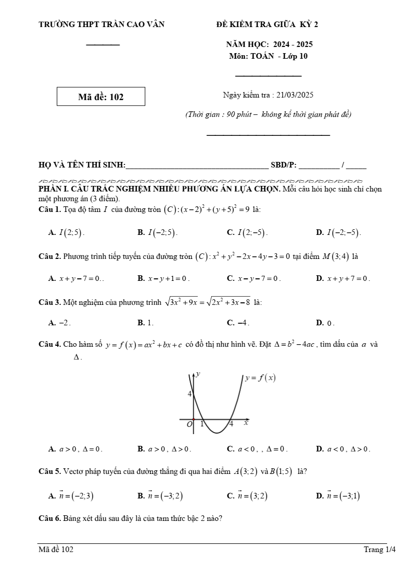 Đề thi Giữa kì 2 Toán 10 trường THPT Trần Cao Vân (Khánh Hòa) năm 2024-2025