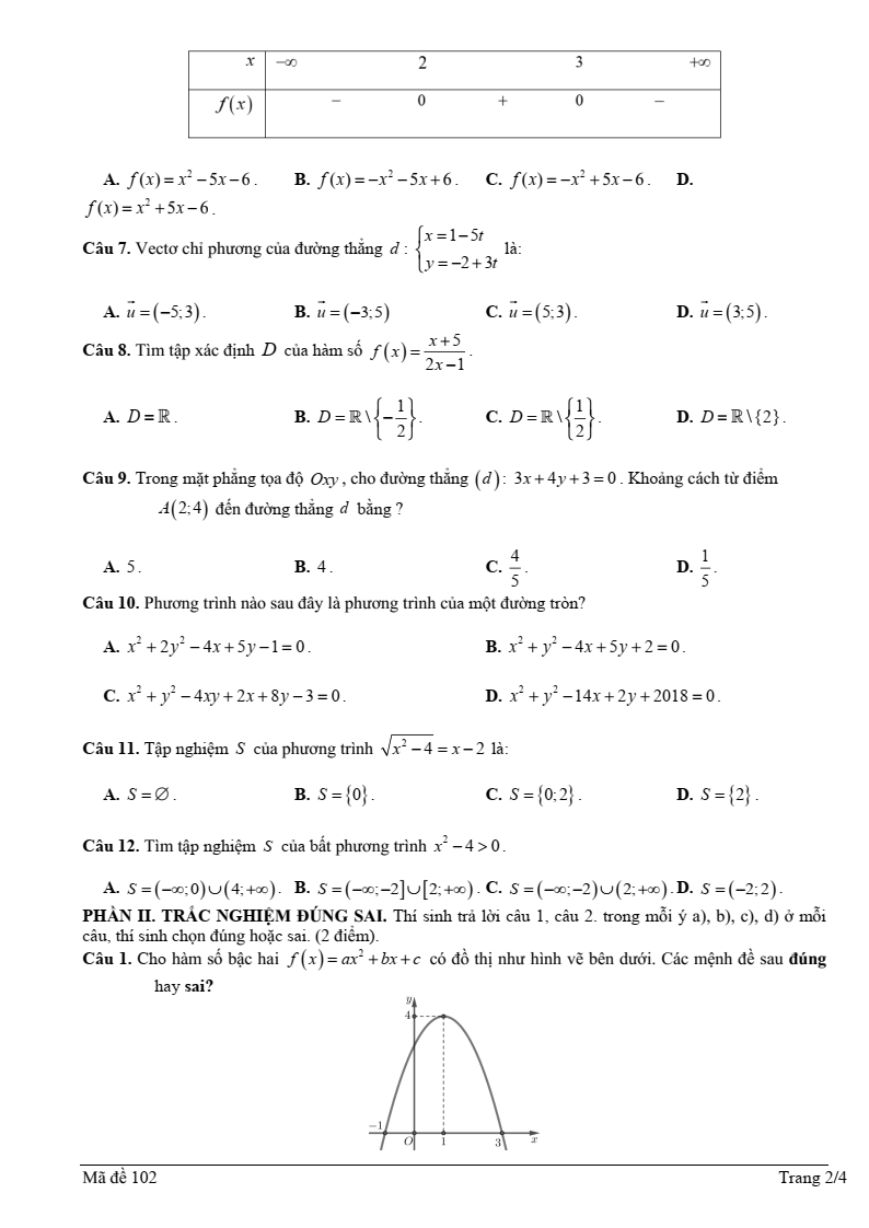 Đề thi Giữa kì 2 Toán 10 trường THPT Trần Cao Vân (Khánh Hòa) năm 2024-2025