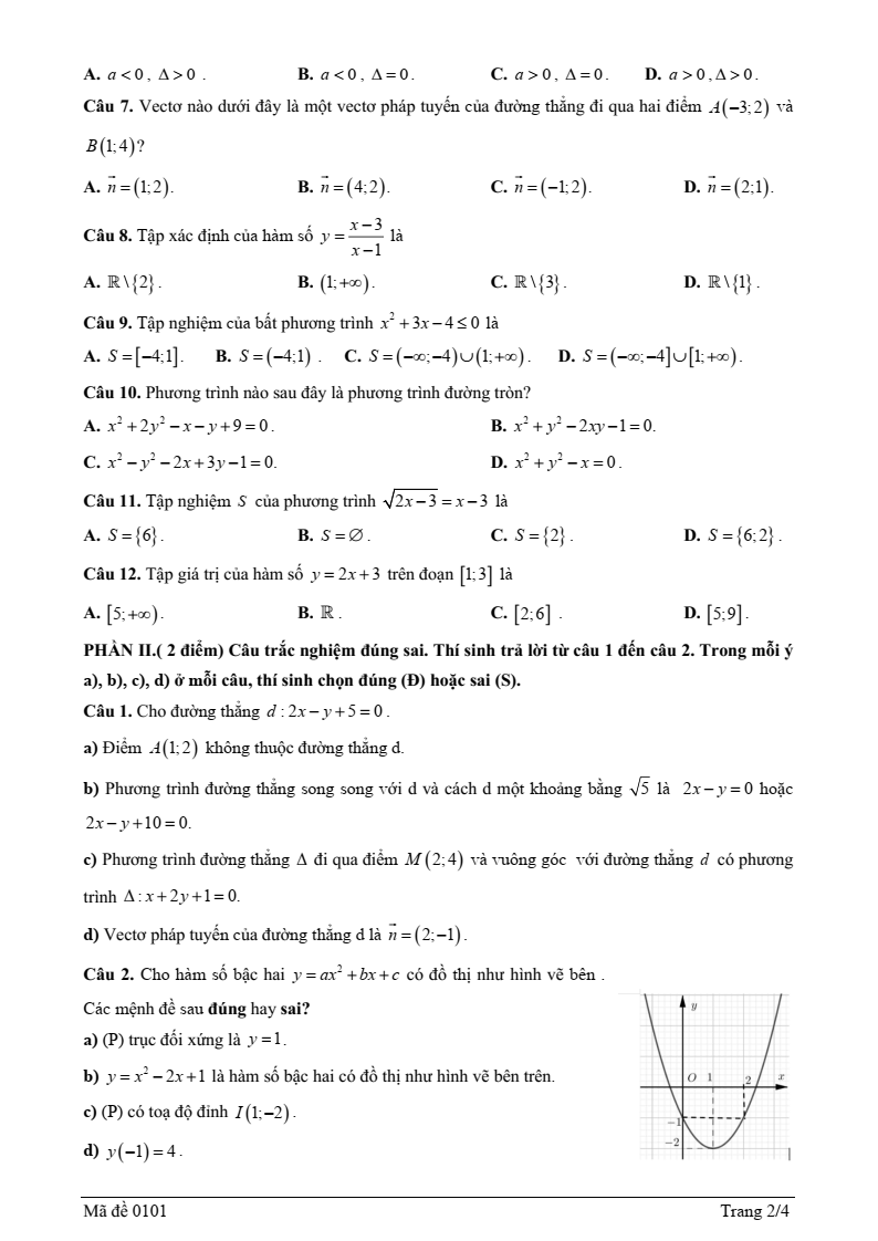 Đề thi Giữa kì 2 Toán 10 trường THPT Trần Cao Vân (Khánh Hòa) năm 2025-2026