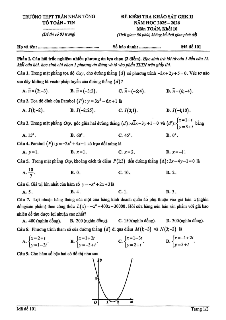 Đề thi Giữa kì 2 Toán 10 trường THPT Trần Nhân Tông (Hà Nội) năm 2025-2026