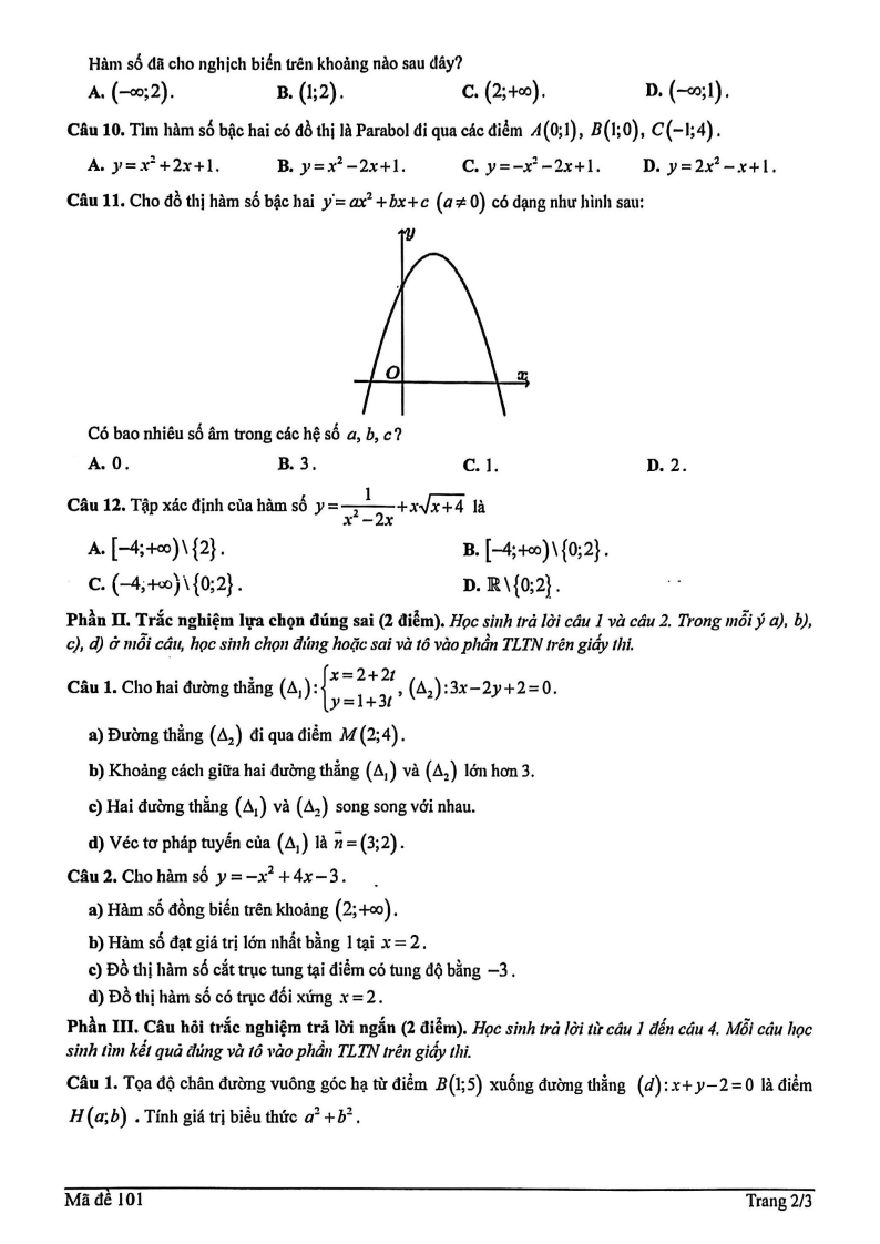 Đề thi Giữa kì 2 Toán 10 trường THPT Trần Nhân Tông (Hà Nội) năm 2025-2026