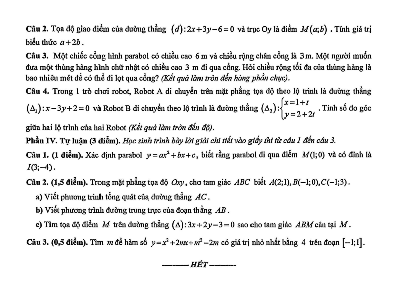 Đề thi Giữa kì 2 Toán 10 trường THPT Trần Nhân Tông (Hà Nội) năm 2025-2026