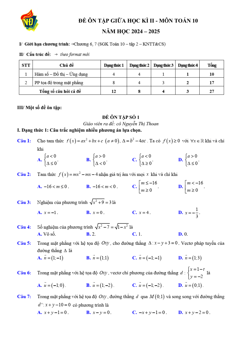 Đề thi Giữa kì 2 Toán 10 trường THPT Việt Đức (Hà Nội) năm 2024-2025